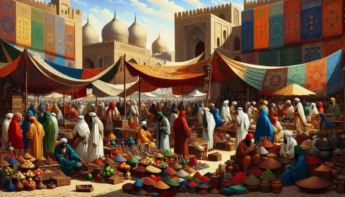 Mercato all'aperto in epoca califfale con persone in abiti tradizionali, bancarelle di spezie e frutta, architettura islamica e cammelli accovacciati.
