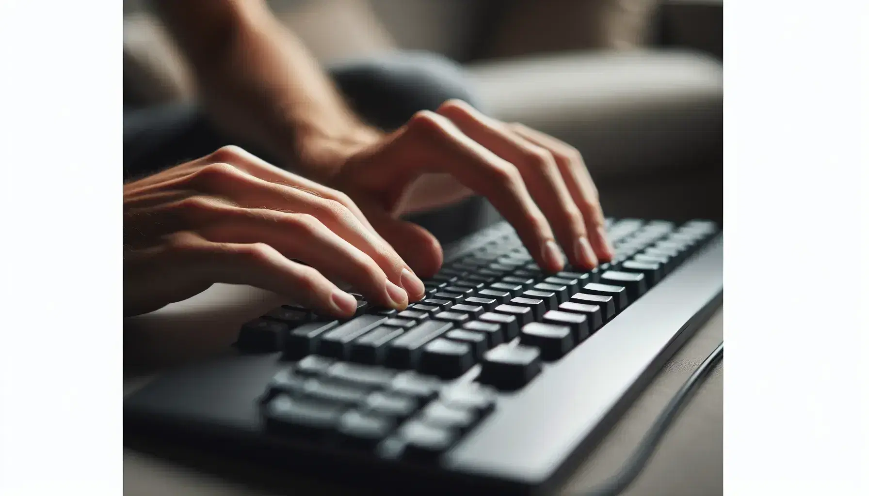 Hands resting on modern computer keyboard ready to type, matte black keys and silver body, bright blurred background.