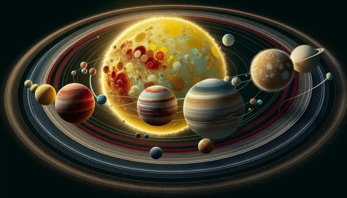 Rappresentazione fotografica del sistema solare con il Sole al centro e otto pianeti colorati secondo le loro caratteristiche distintive.