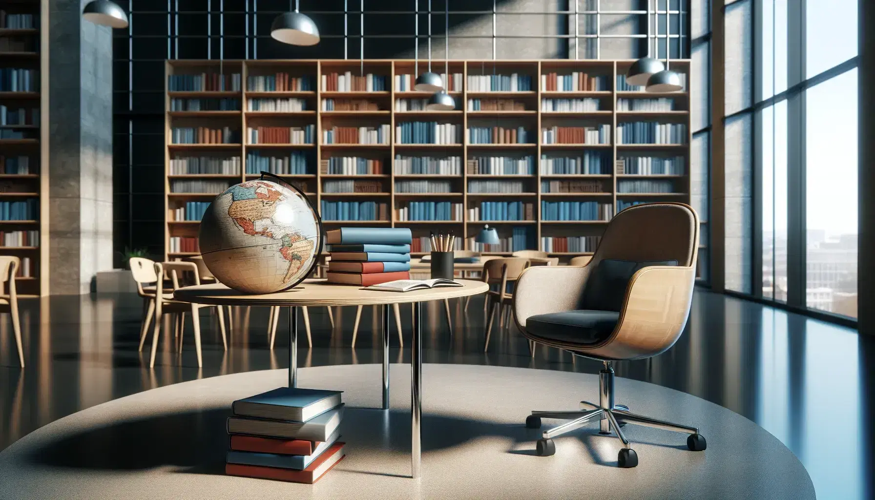 Biblioteca moderna con mesa de madera y libros desordenados, globo terráqueo, silla de oficina y estantes llenos de libros, iluminación suave y ventana con cielo azul.