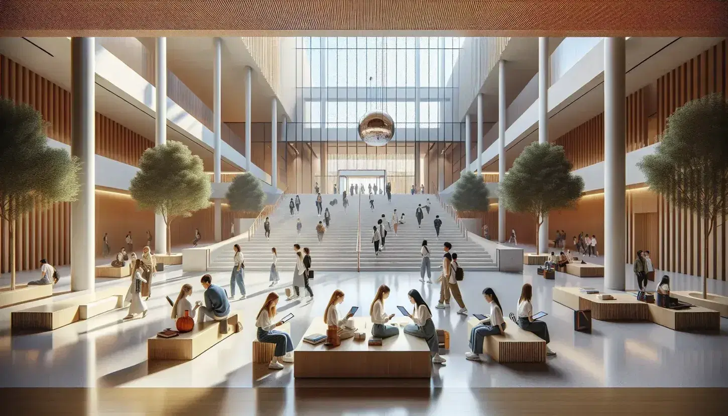 Estudiantes diversos interactuando y usando dispositivos electrónicos en el luminoso vestíbulo de una universidad, con escaleras de mármol y detalles en vidrio y metal.