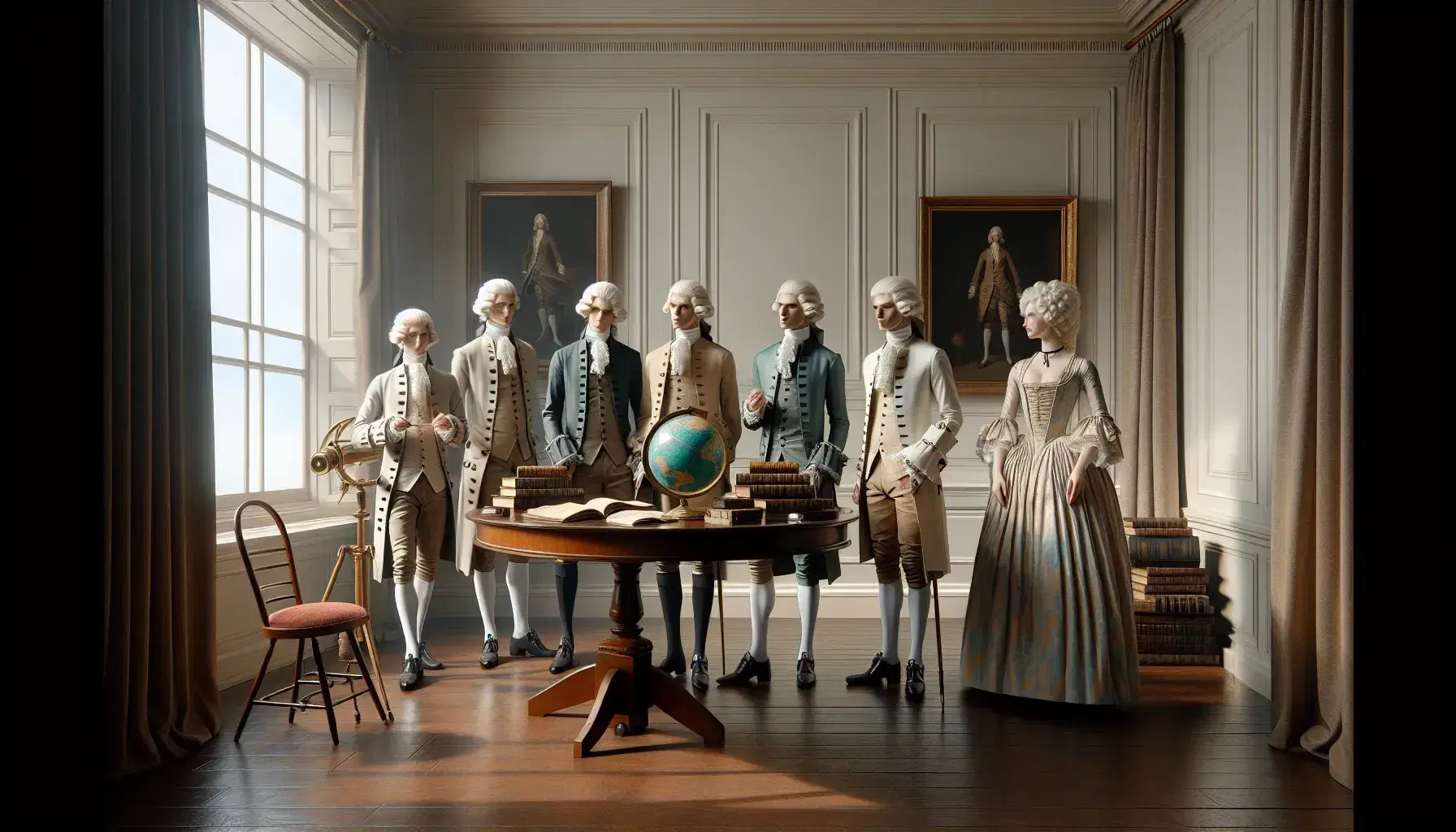 Grupo de cinco personas en vestimenta del siglo XVIII debatiendo en una habitación iluminada con mesa, libros, globo terráqueo y telescopio de latón.
