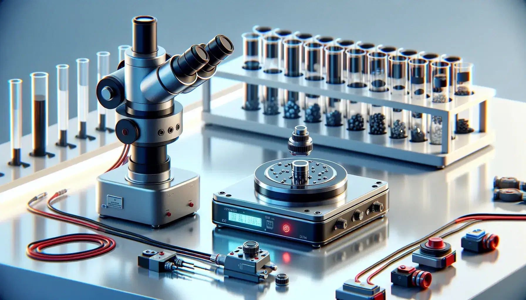 Laboratorio scientifico moderno con microscopio elettronico grigio, materiale superconduttore su stand nero e provette sigillate.