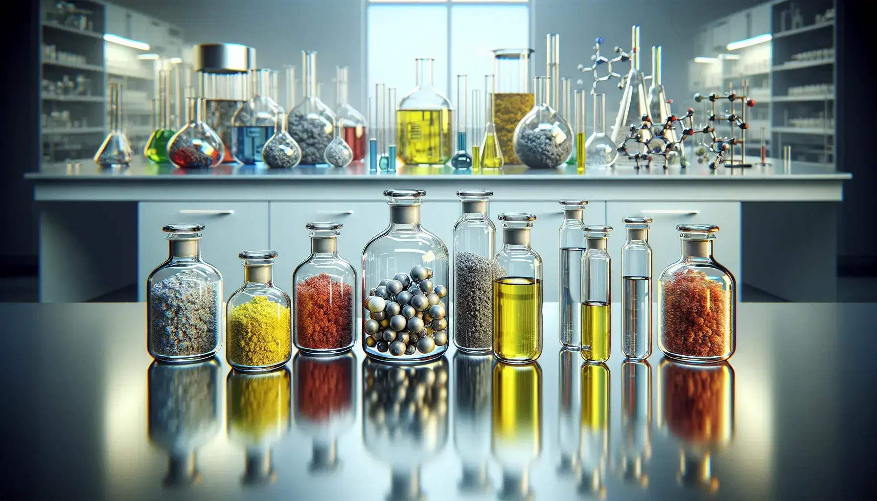 Laboratory with test tubes containing chalcogen compounds: yellow sulfur, red-orange selenium, gray-black tellurium and slightly yellow liquid.