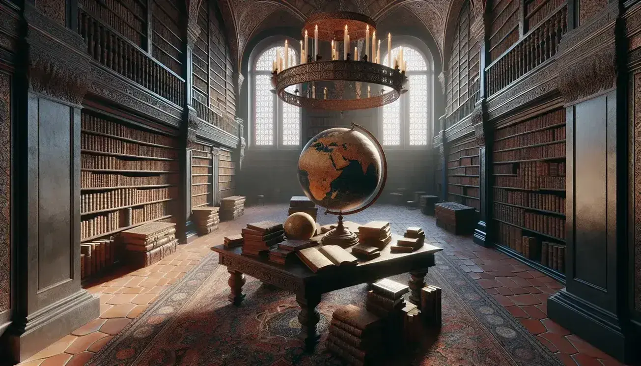 Biblioteca antica con scaffali in legno scuro e libri rilegati, globo terrestre su tavolo, lampada a sospensione e tappeto persiano.