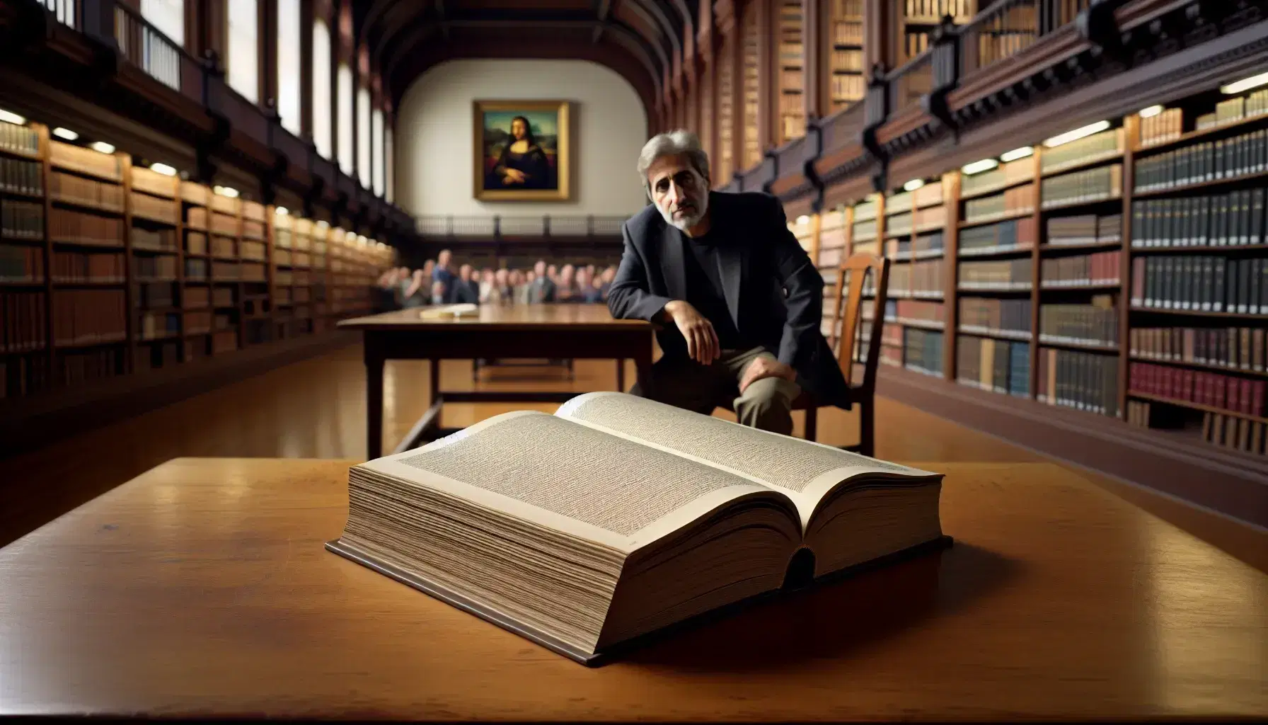 Middle-Eastern senior man contemplating in library with open book on polished wooden table, surrounded by shelves of colorful books.