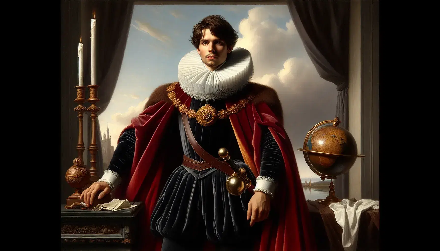 Retrato al óleo de figura histórica del siglo XVII con traje oscuro y capa roja, sosteniendo un cetro y junto a un globo terráqueo y candelabro encendido.
