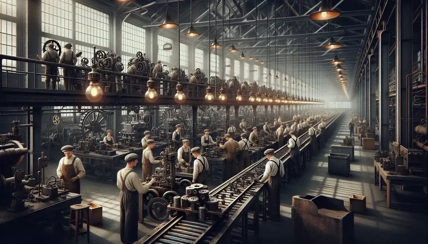 Fábrica de principios del siglo XX con trabajadores uniformados en línea de ensamblaje, techo alto con vigas de acero y luz natural filtrándose por grandes ventanas.