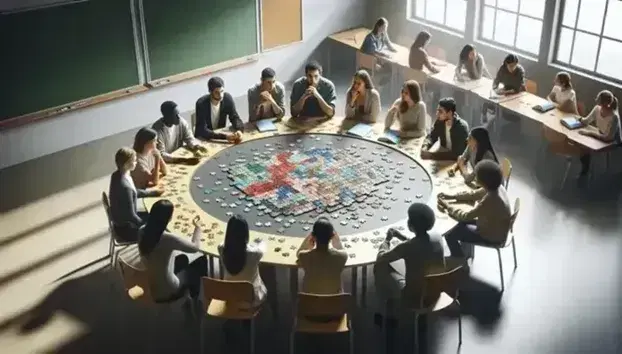 Diverse group of students collaboratively assembling a colorful puzzle at a circular table in a well-lit classroom, indicating teamwork and problem-solving.