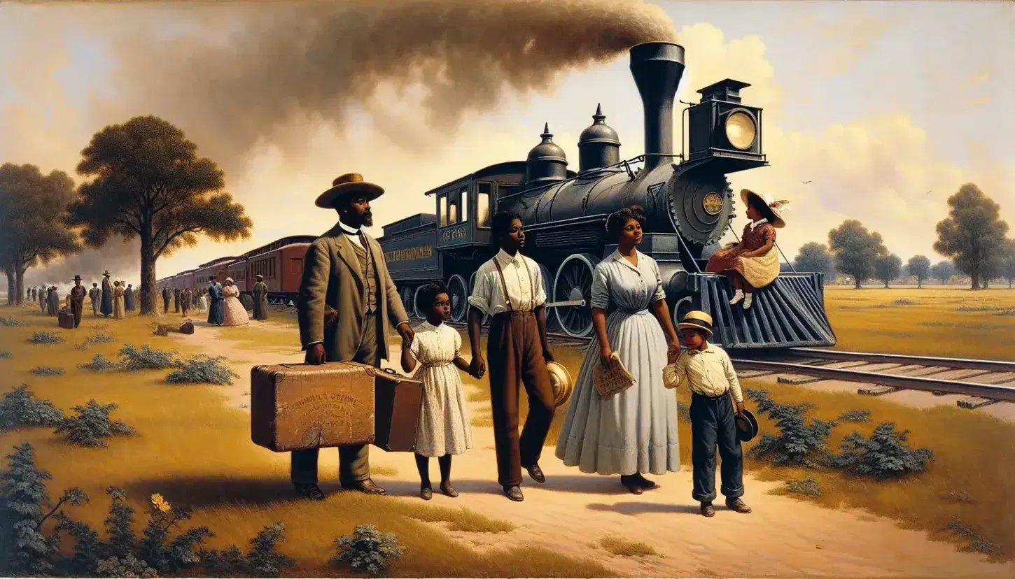 Early 20th-century African American family embarks on the Great Migration, with luggage, beside a steam train, poised between rural roots and urban future.