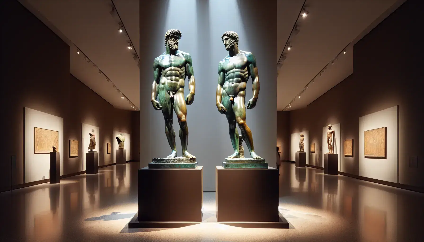 Bronzi di Riace esposti in museo, statue bronzee a grandezza naturale di guerrieri greci antichi con dettagli muscolari evidenziati da luci soffuse.