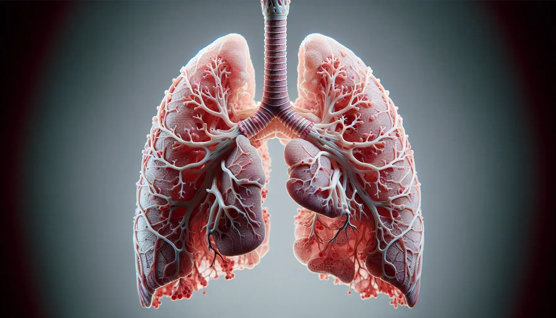 Pulmones humanos sanos en detalle dentro de una cavidad torácica transparente con tráquea y diafragma visibles, mostrando textura esponjosa y lóbulos pulmonares.