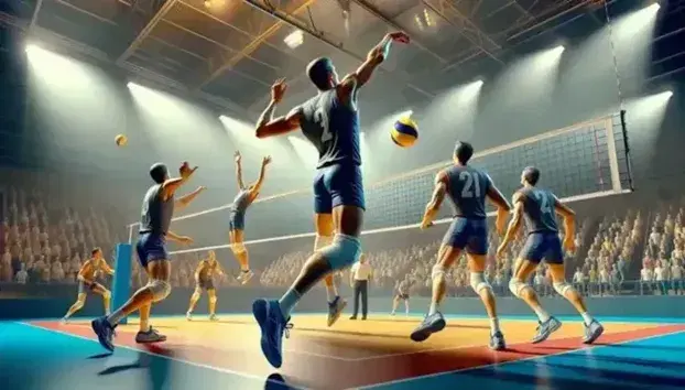 Partita di pallavolo indoor con giocatore in divisa blu che salta per schiacciare un pallone giallo, compagni pronti alla ricezione.