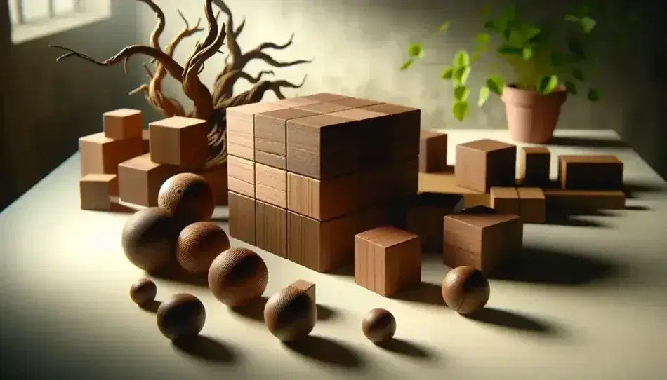 Blocchi di legno geometrici e radice naturale su tavolo chiaro con piante sfocate sullo sfondo, senza testi o simboli.