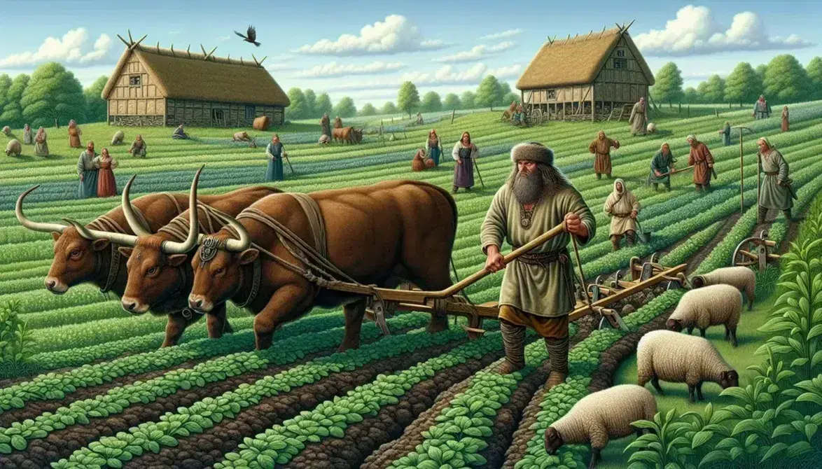 Viking farmer plowing field with oxen on a lush green farmstead, surrounded by crops, fellow workers, grazing sheep, and thatched-roof buildings under a clear blue sky.