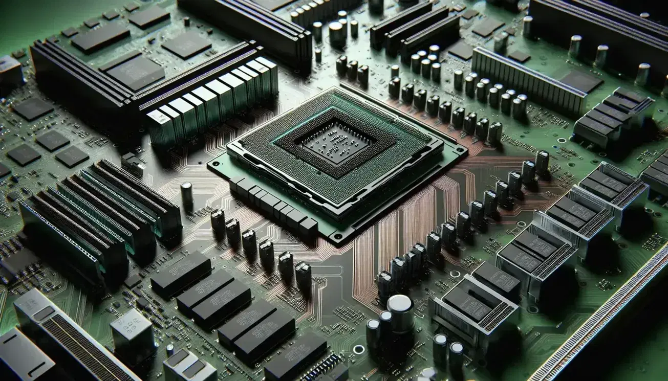 Close-up of a motherboard with reflective CPU, RAM with black circuits and copper paths, surrounded by capacitors and transistors.