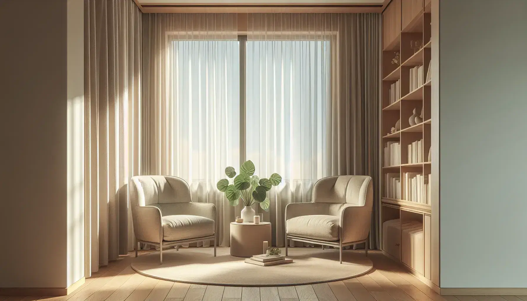 Cozy therapeutic office with beige armchairs, round coffee table with plant, bookcase, abstract painting and natural light.