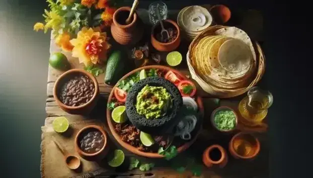 Mesa rústica con festín de comida mexicana, guacamole en molcajete, tacos de carne con cebolla y cilantro, frijoles negros, tortillas de maíz y jarra de horchata, adornada con flores de cempasúchil.