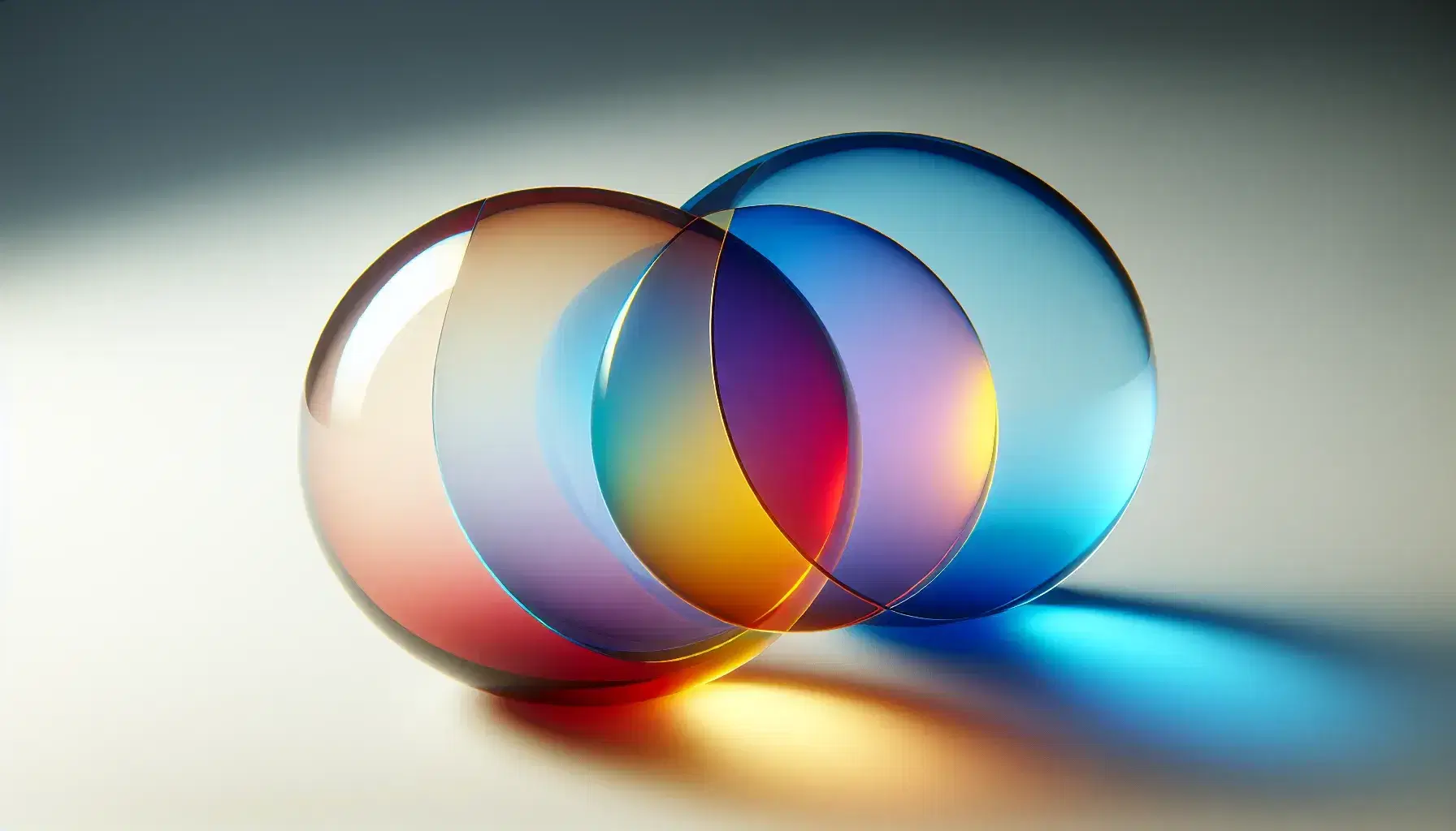 Círculos traslúcidos solapados en colores primarios azul, rojo y amarillo con áreas de intersección en morado, naranja y verde sobre fondo neutro.