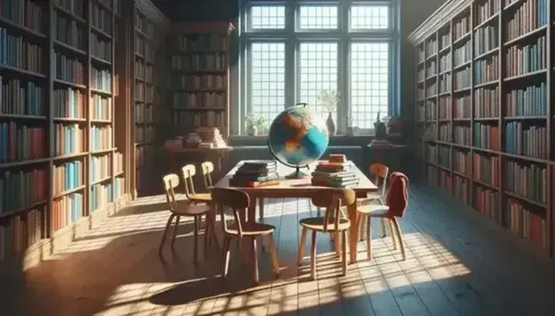 Biblioteca escolar iluminada con estantes de madera oscura llenos de libros, mesa con libros y un globo terráqueo, ventana grande al fondo.