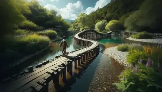 Ponte di legno antico serpeggiante su fiume calmo con vegetazione rigogliosa, persona che cammina e riflessi del cielo azzurro.