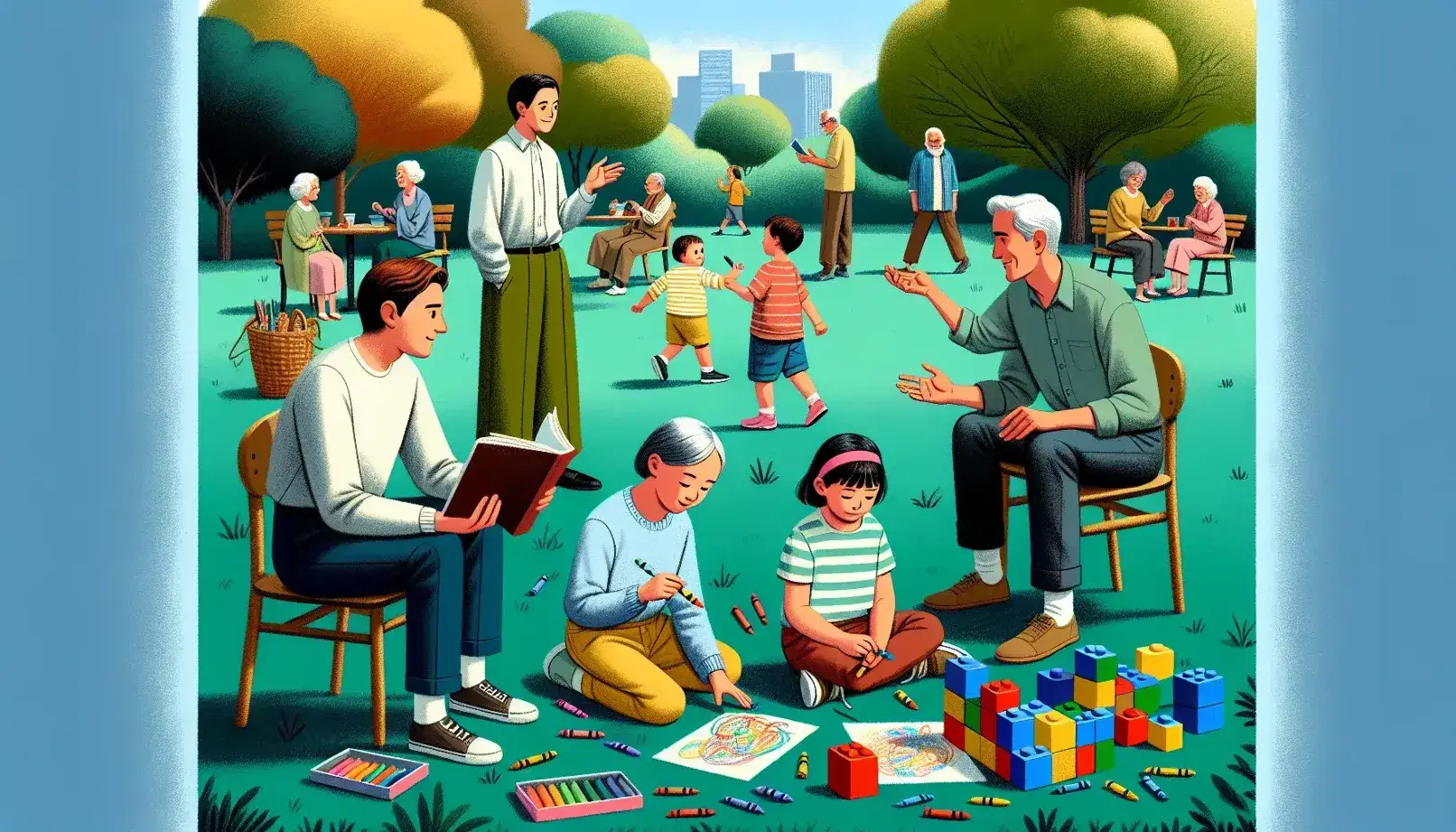 Grupo diverso de personas en parque soleado, niño jugando con bloques, niña dibujando, adolescente leyendo, adultos conversando y ancianos en banco.