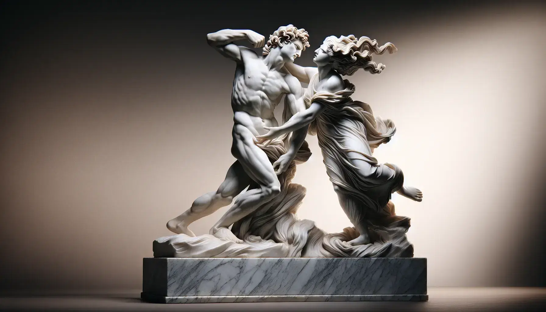 Scultura in marmo bianco di coppia in abbraccio dinamico, uomo in piedi afferra donna sorpresa su piedistallo grigio, dettagli muscolari e capelli ondulati.