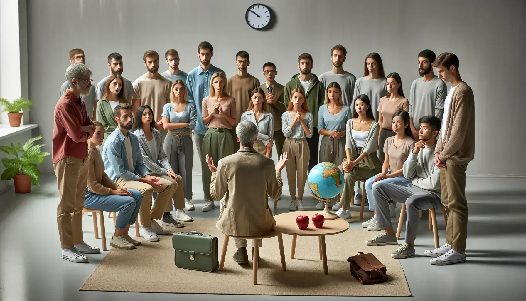Grupo diverso atento a una persona explicando, en un ambiente de respeto, con manzana, globo y reloj en primer plano.