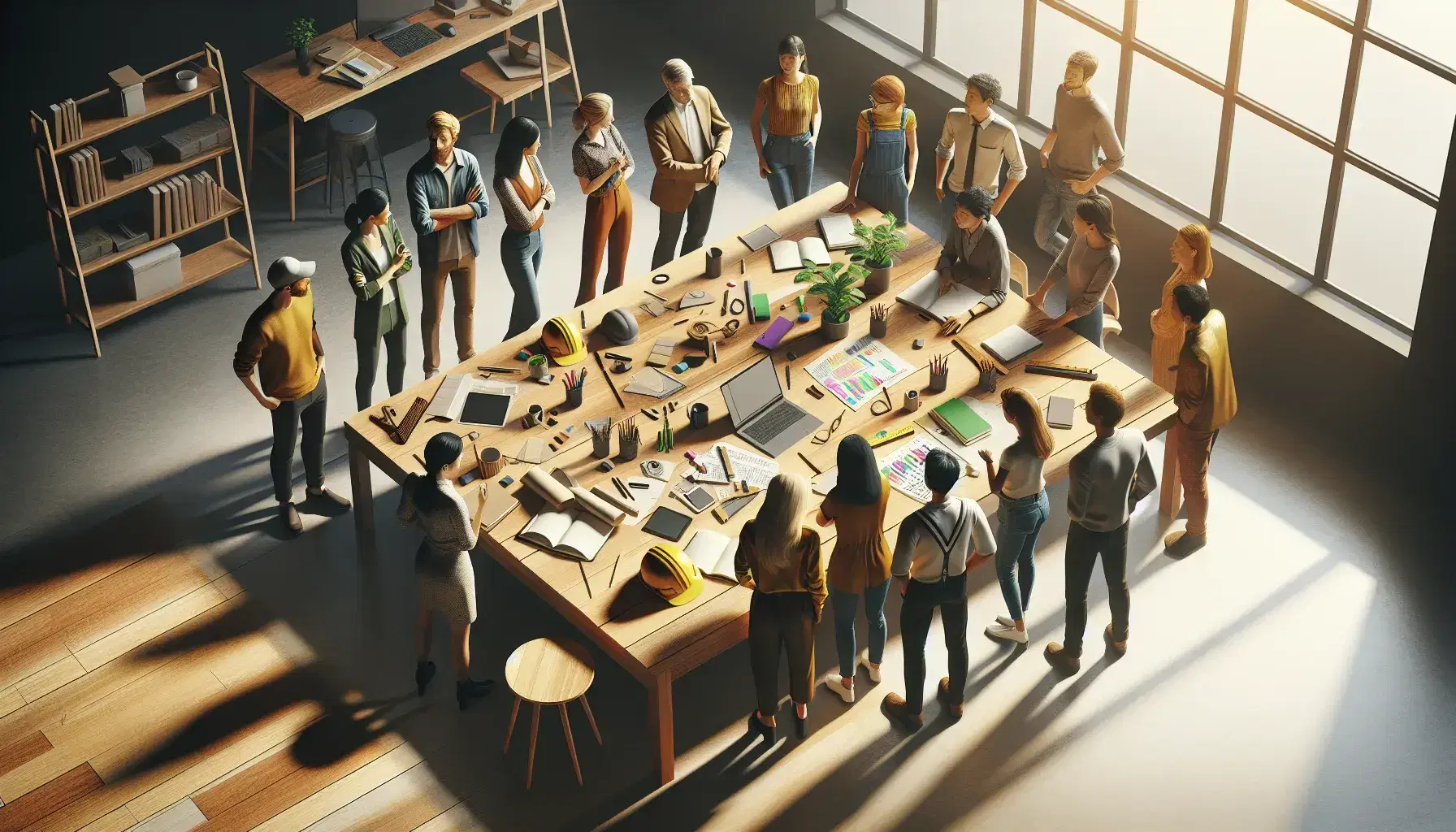 Grupo diverso de profesionales colaborando en una reunión de trabajo con laptop, casco de seguridad y otros materiales sobre una mesa de madera bajo luz natural.
