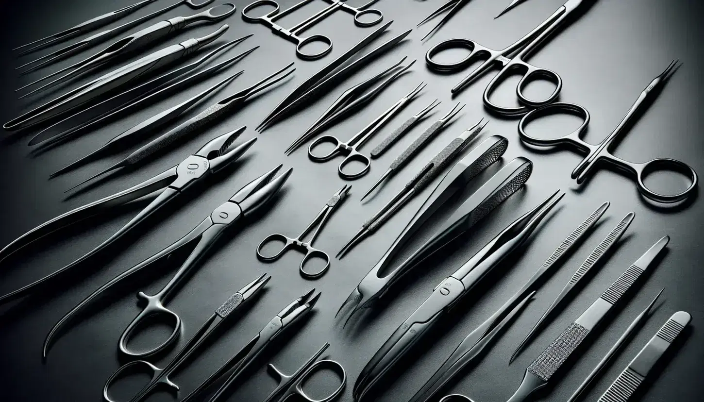 Colección de instrumentos quirúrgicos en acero inoxidable, incluyendo pinzas de disección, tijeras quirúrgicas y forceps con mangos ergonómicos en superficie mate.