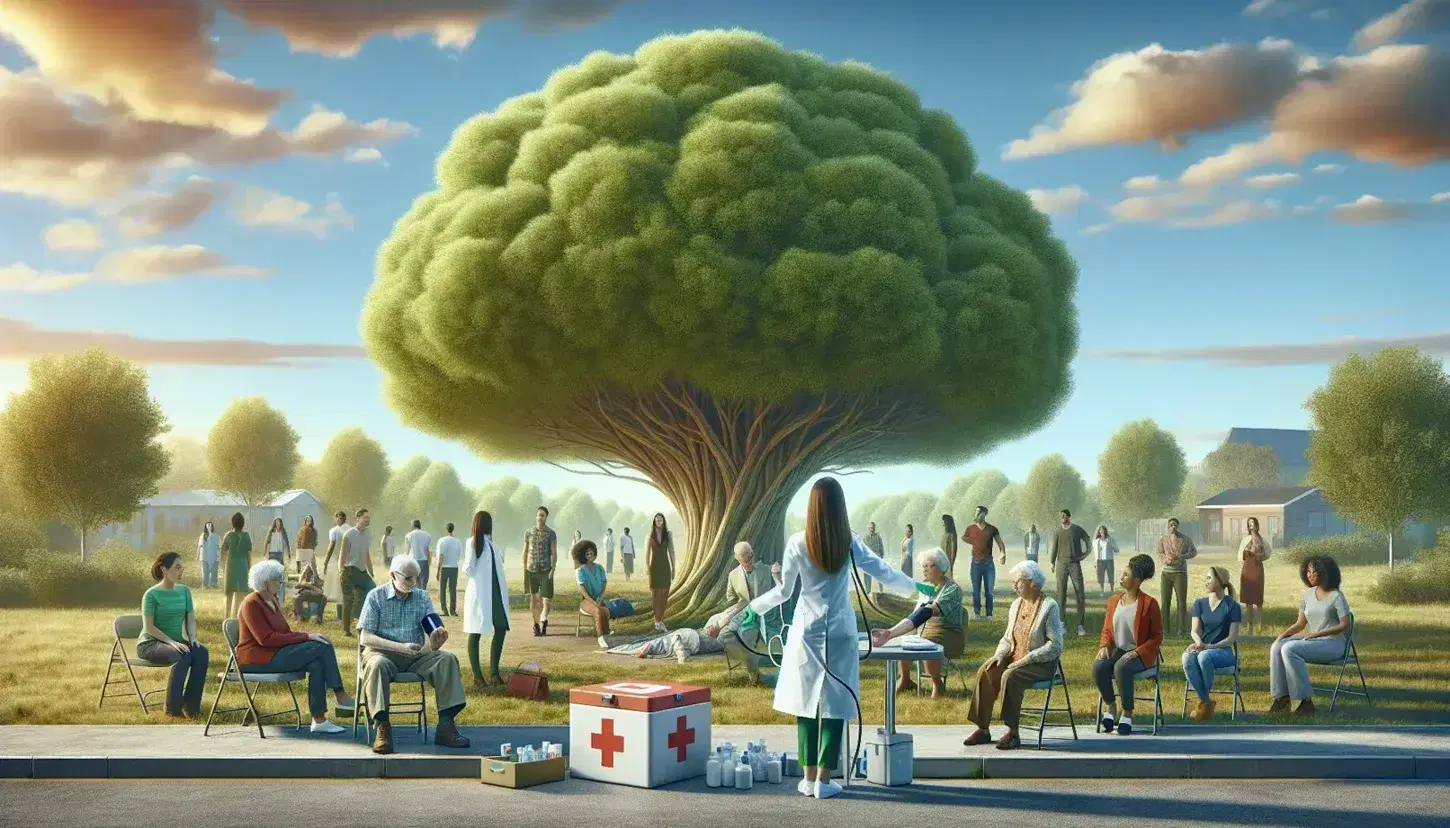 Grupo diverso de personas reunidas alrededor de un árbol frondoso en un entorno natural, con una mujer tomando la presión arterial a un hombre mayor.
