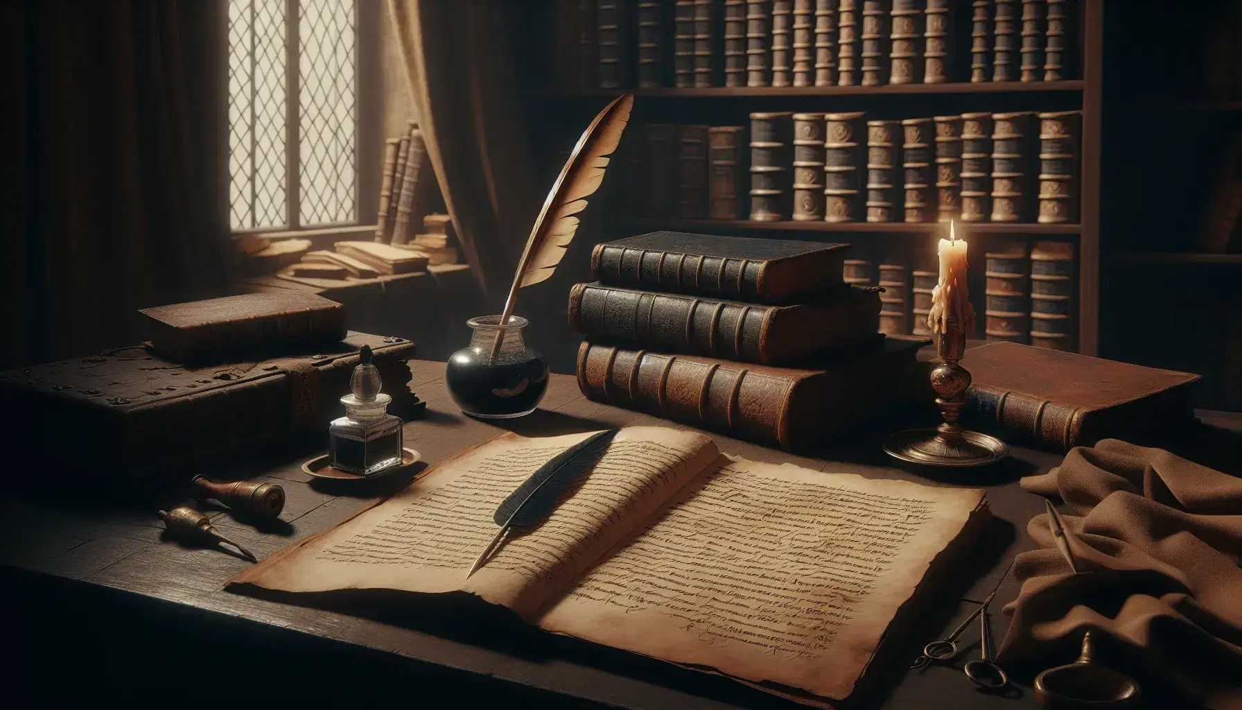 Scrivania antica in legno scuro con penna d'oca, calamaio, candela consumata, manoscritto aperto e libreria con volumi in pelle.