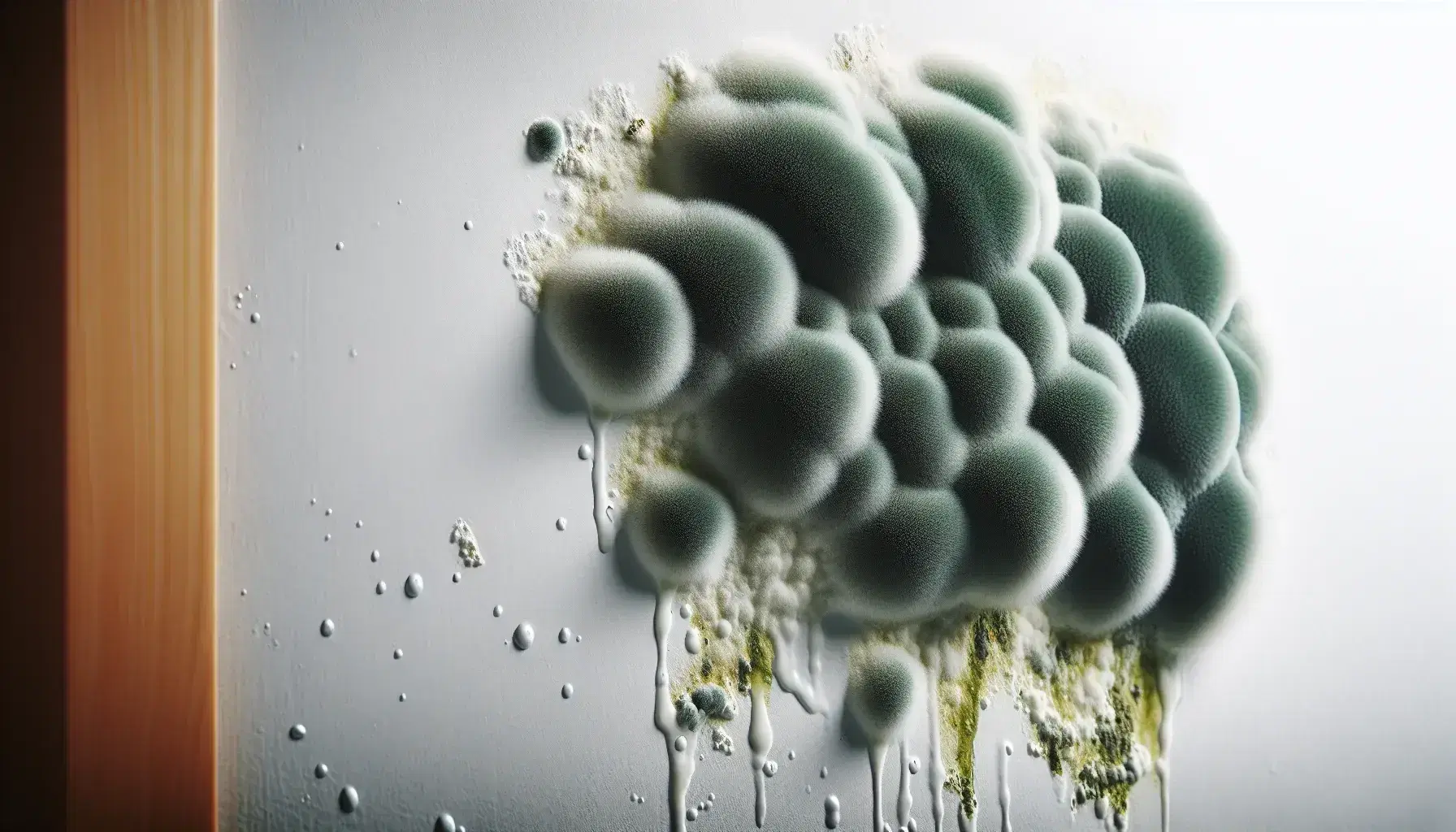 Close-up view of greenish-black fuzzy mold colony with visible spores on a damp white wall, highlighting moisture droplets and a velvety texture.