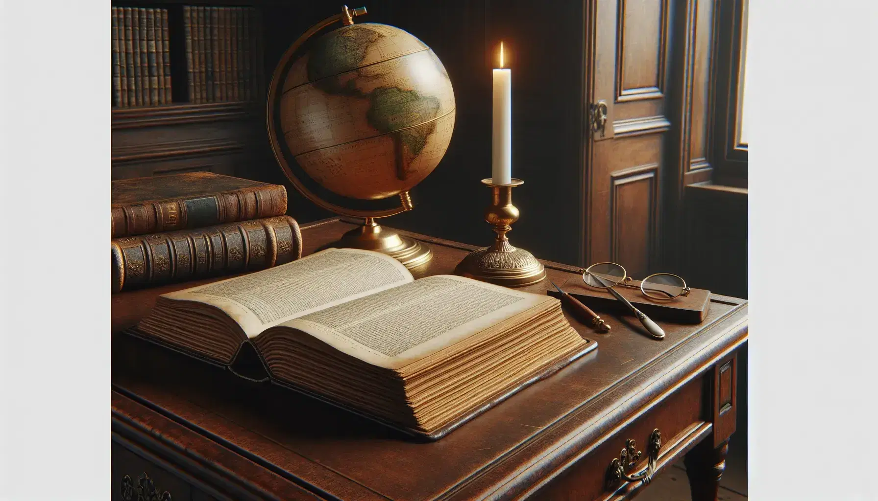 Classic 18th century study with oak desk, open antique book, globe, gold glasses, quill pen and candlestick.