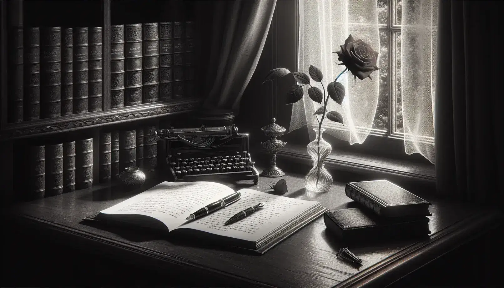 Vintage writing desk by a window with sheer curtains, featuring an open notebook, fountain pen, and a single red rose in a vase, with a blurred bookshelf background.