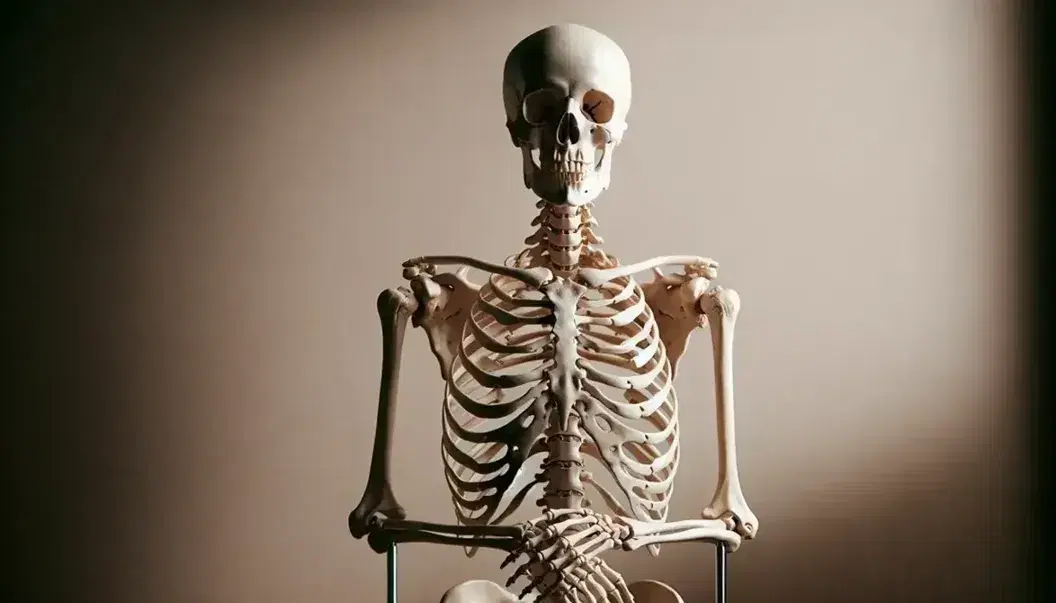 Esqueleto humano completo montado en soporte metálico, con brazos extendidos y palmas hacia adelante, destacando detalles anatómicos óseos sobre fondo neutro.