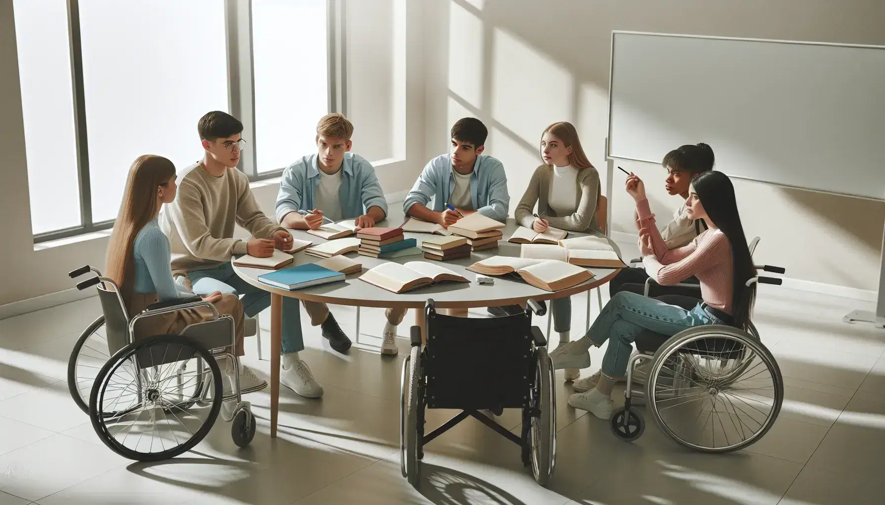 Grupo diverso de estudiantes colaborando en proyecto, con materiales de investigación en mesa redonda, incluyendo a uno en silla de ruedas y otro con audífonos.