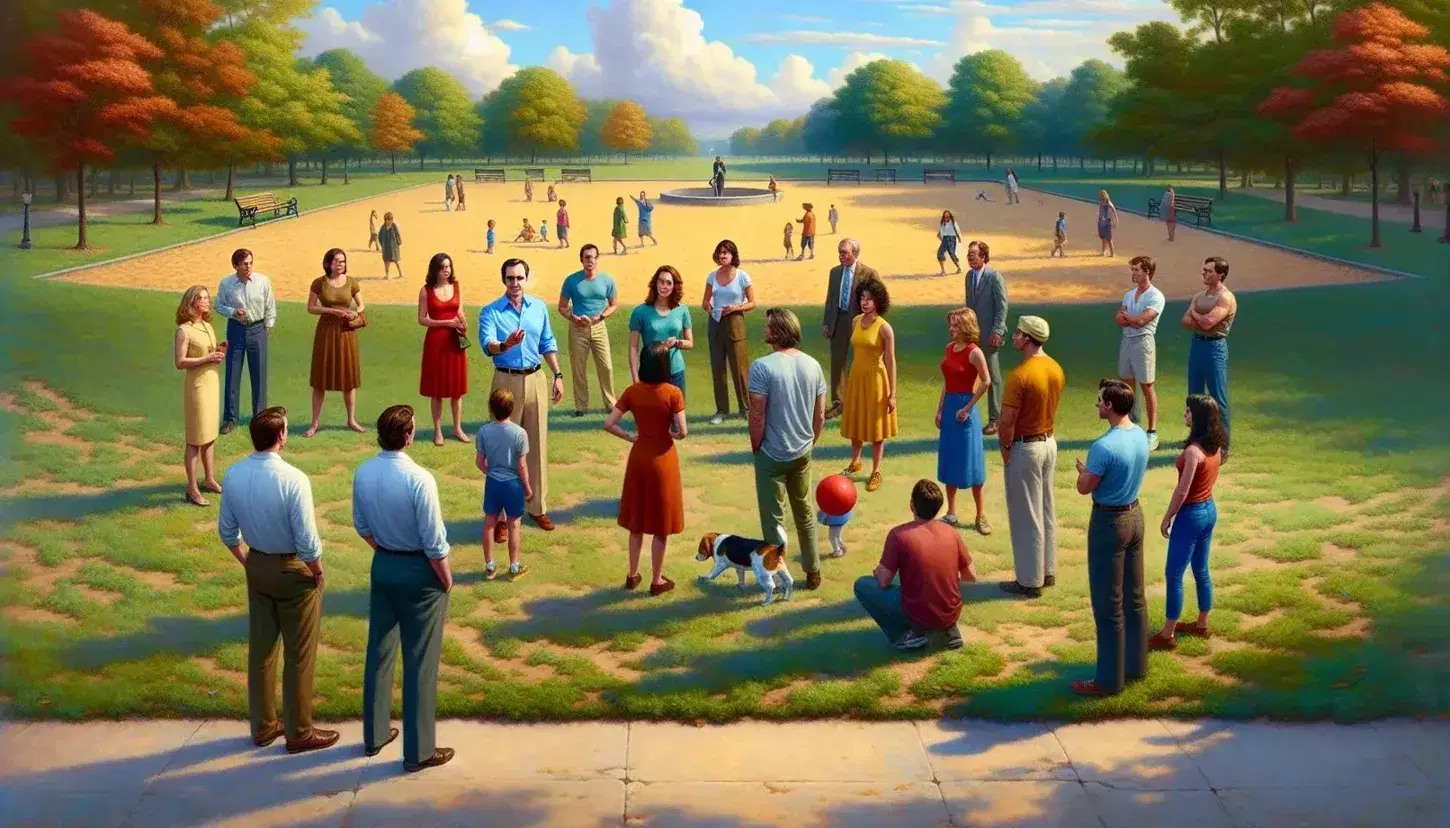 Gruppo di persone interagisce in parco cittadino, uomo al centro parla gesticolando, bambino gioca con palla, cane annusa erba, alberi e panchine sullo sfondo.