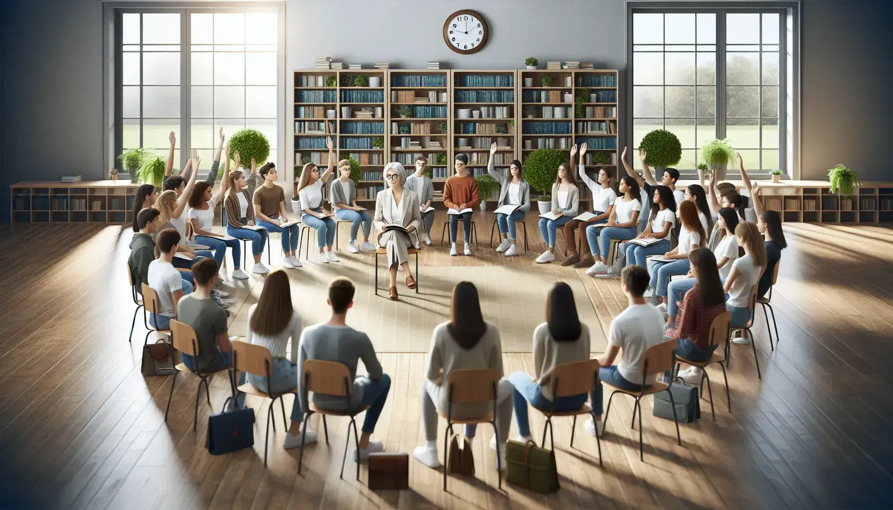 Grupo diverso de estudiantes sentados en semicírculo en un aula iluminada participando activamente en una discusión dirigida por un educador con un documento en mano.