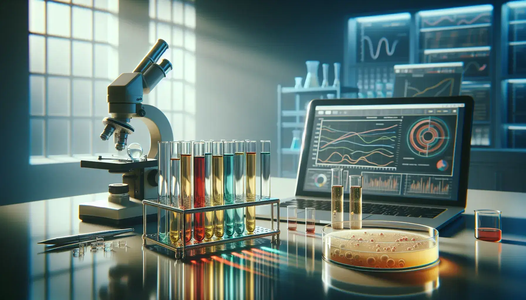 Laboratorio scientifico con provette contenenti liquidi colorati, piastra di Petri con coltura batterica e microscopio sullo sfondo.