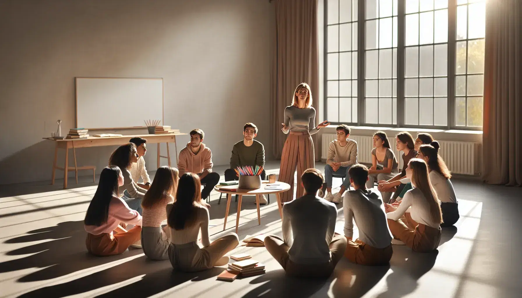 Grupo diverso de estudiantes atentos en semicírculo con un tutor explicando, en un aula iluminada naturalmente con materiales de estudio sobre la mesa.