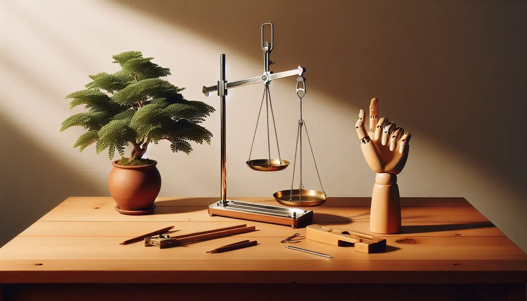 Mesa de madera clara con balanza de dos platos metálicos, planta tipo bonsái en maceta terracota y mano articulada de madera señalando hacia arriba.