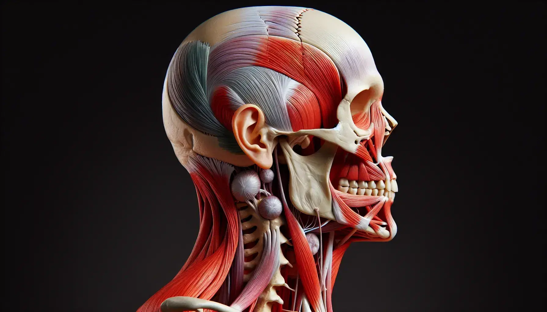 Modelo anatómico detallado del lado de la cabeza y cuello humano mostrando músculos en tonos rojos, cráneo blanco y red de vasos en azul y verde.