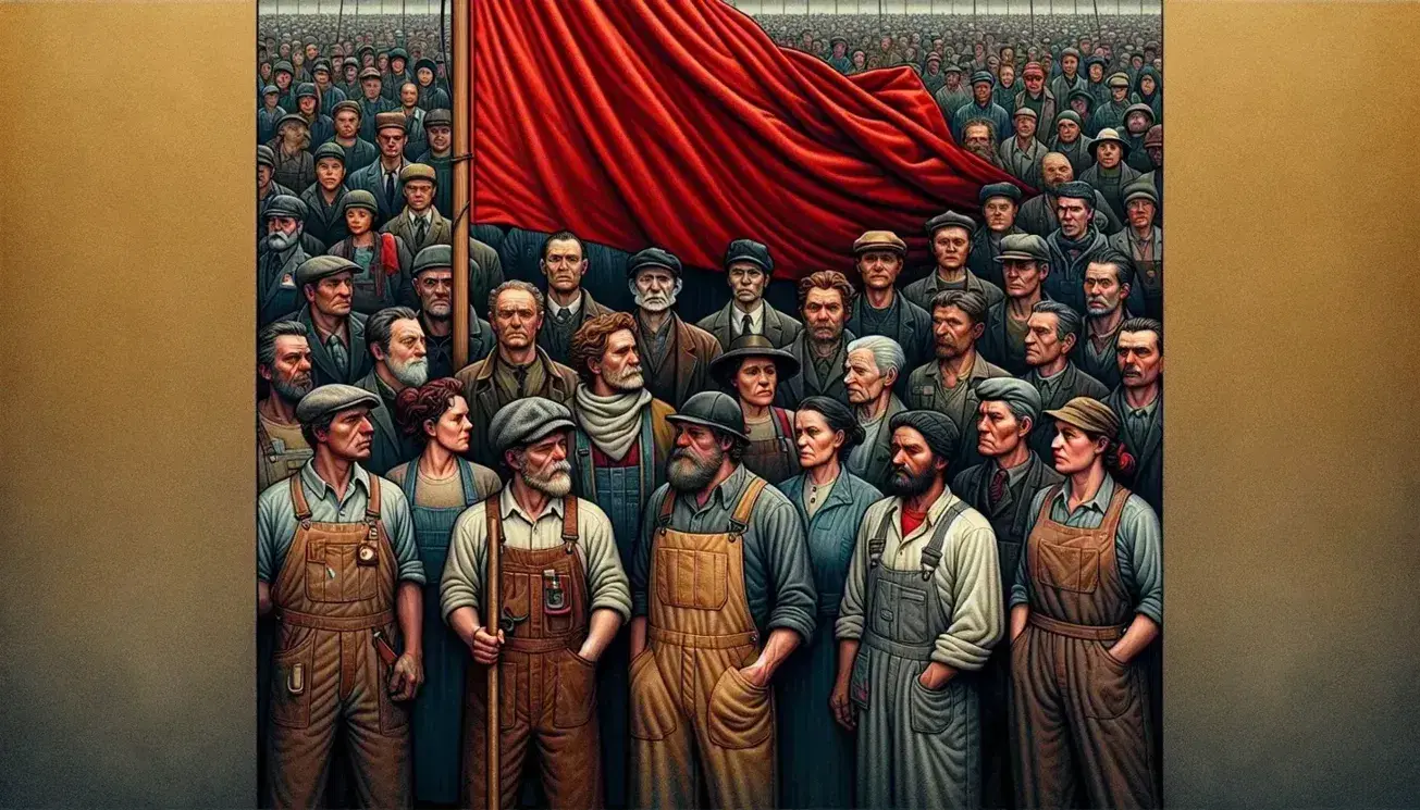 Diverse group of workers in workwear stand united, one holding a vibrant red flag, against an industrial machinery backdrop.