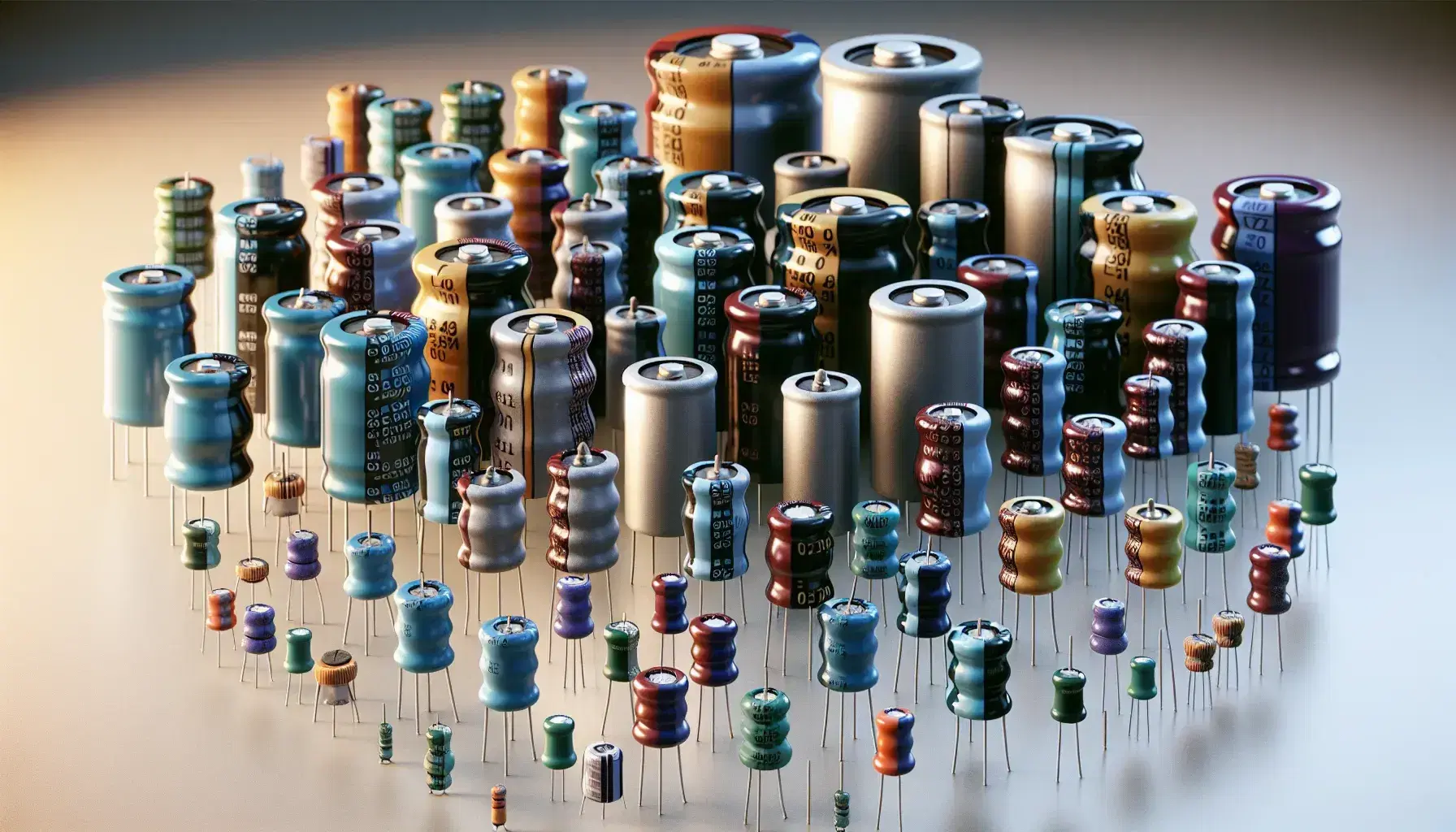 Assorted capacitors including cylindrical electrolytic, ceramic disc, film types, and large can-shaped units arranged on a light surface.