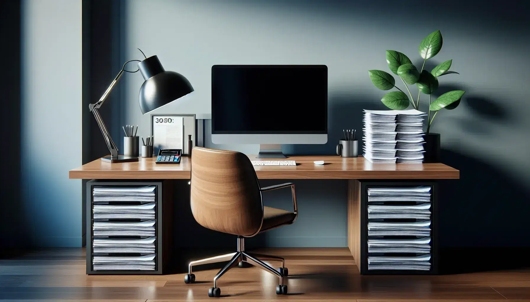 Organized office desk with stacks of paper, modern computer with blue screen, black desk lamp, calculator, green plant, and cityscape view through window.