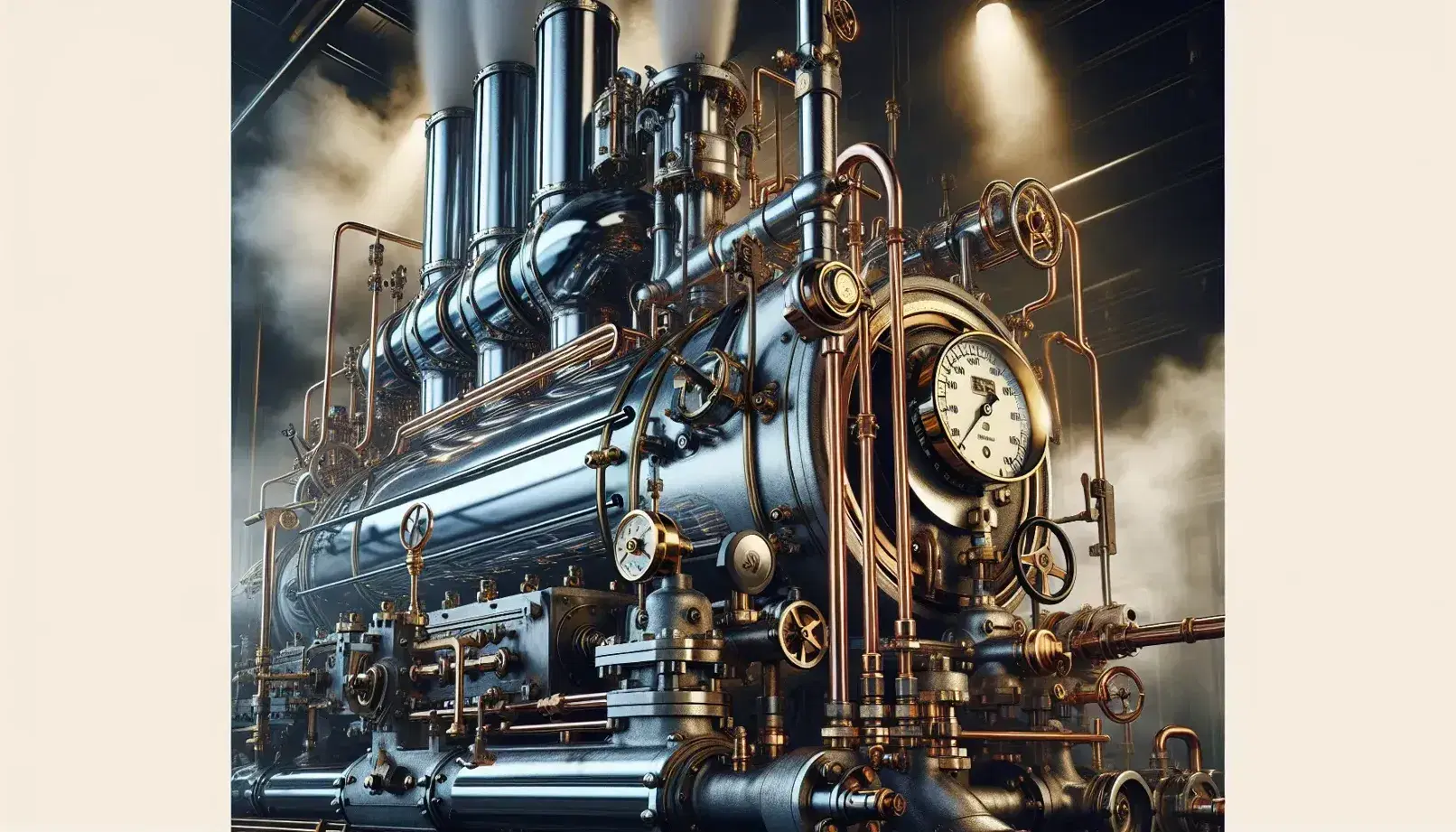 Running steam engine with shiny cylindrical boiler, metal valves and pipes, pressure gauge in the foreground and light steam in the background.