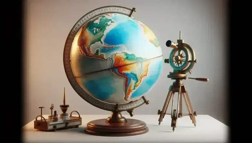 Globo terráqueo 3D sobre base de madera con océanos en azul y relieves en verdes, amarillos y marrones, rodeado de un compás, sextante y teodolito parcialmente visible.