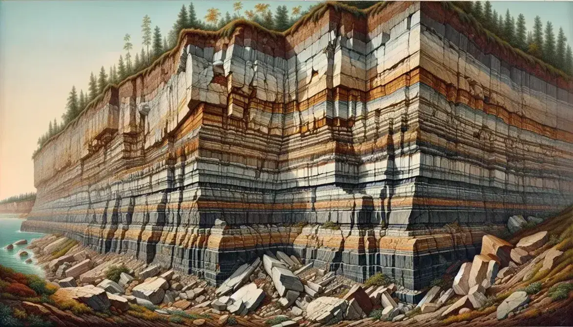 Estratos de rocas sedimentarias en un acantilado con capas de pizarra, arenisca y conglomerados bajo un cielo azul con vegetación en la cima.