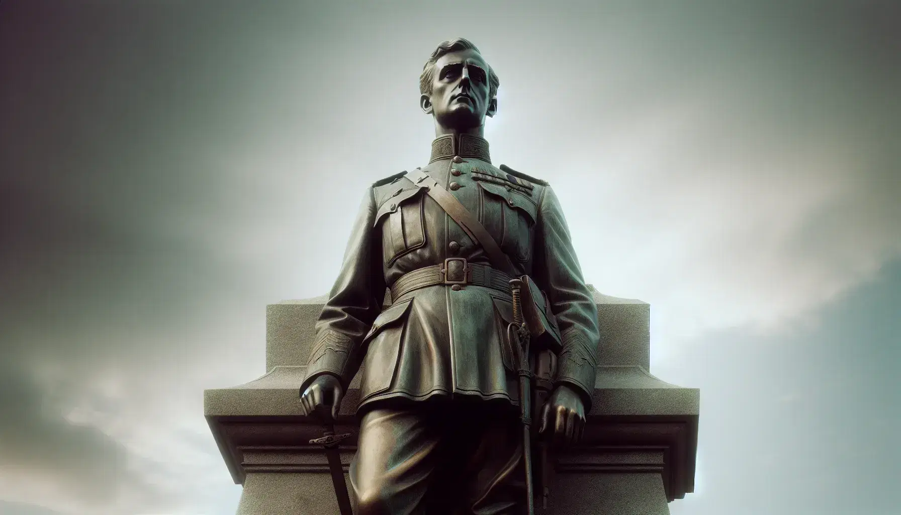 Statua in bronzo di ufficiale militare in uniforme del XX secolo, con mano al fianco e l'altra in gesto di saluto o comando, su piedistallo di pietra.